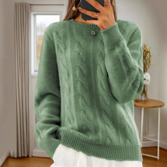 Autumn Winter New Casual Round Neck Solid Color Knitted Top Vintage Knit Pullover Sweater Women
